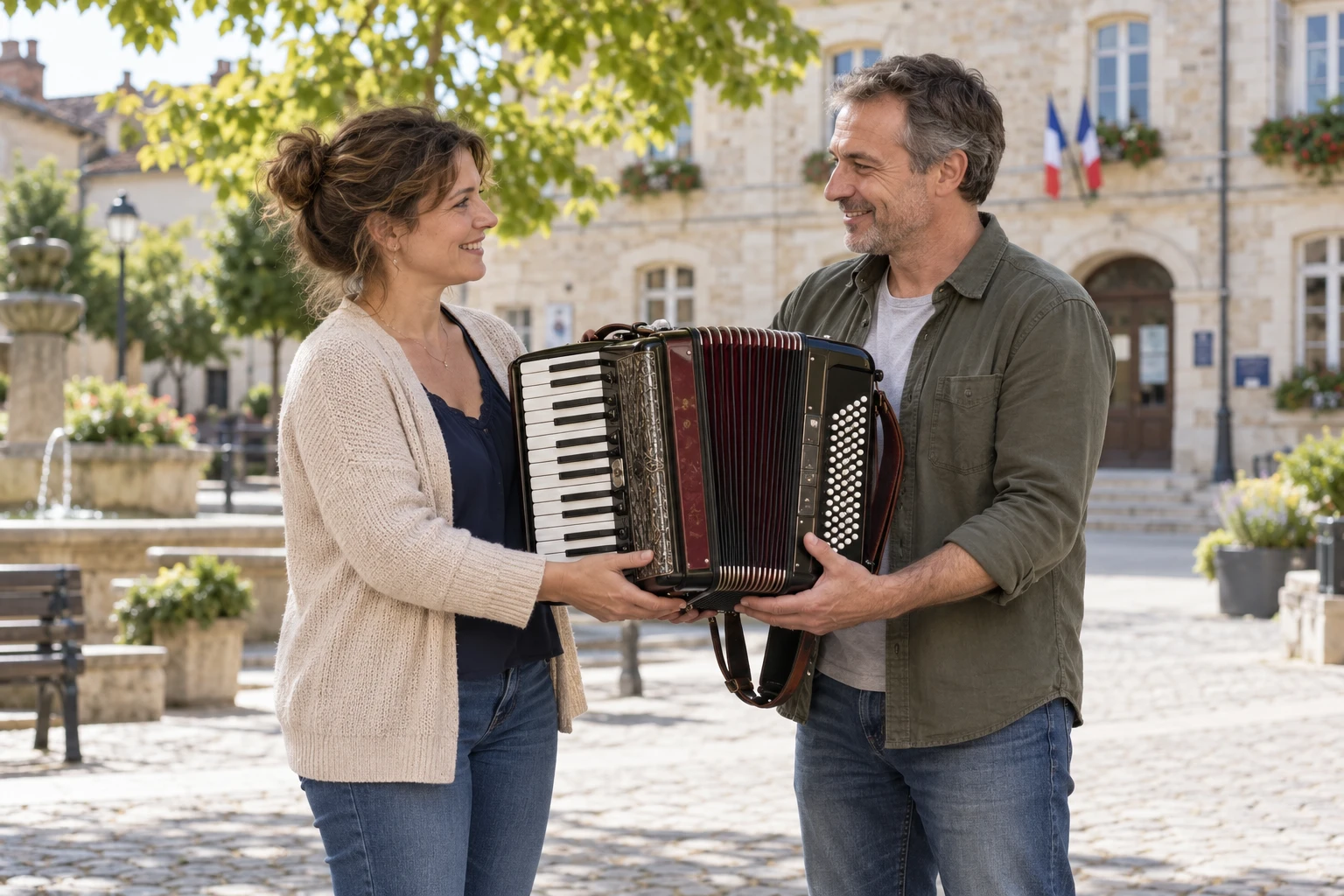 Deux habitants se transmettent un accordéon sur une place de commune