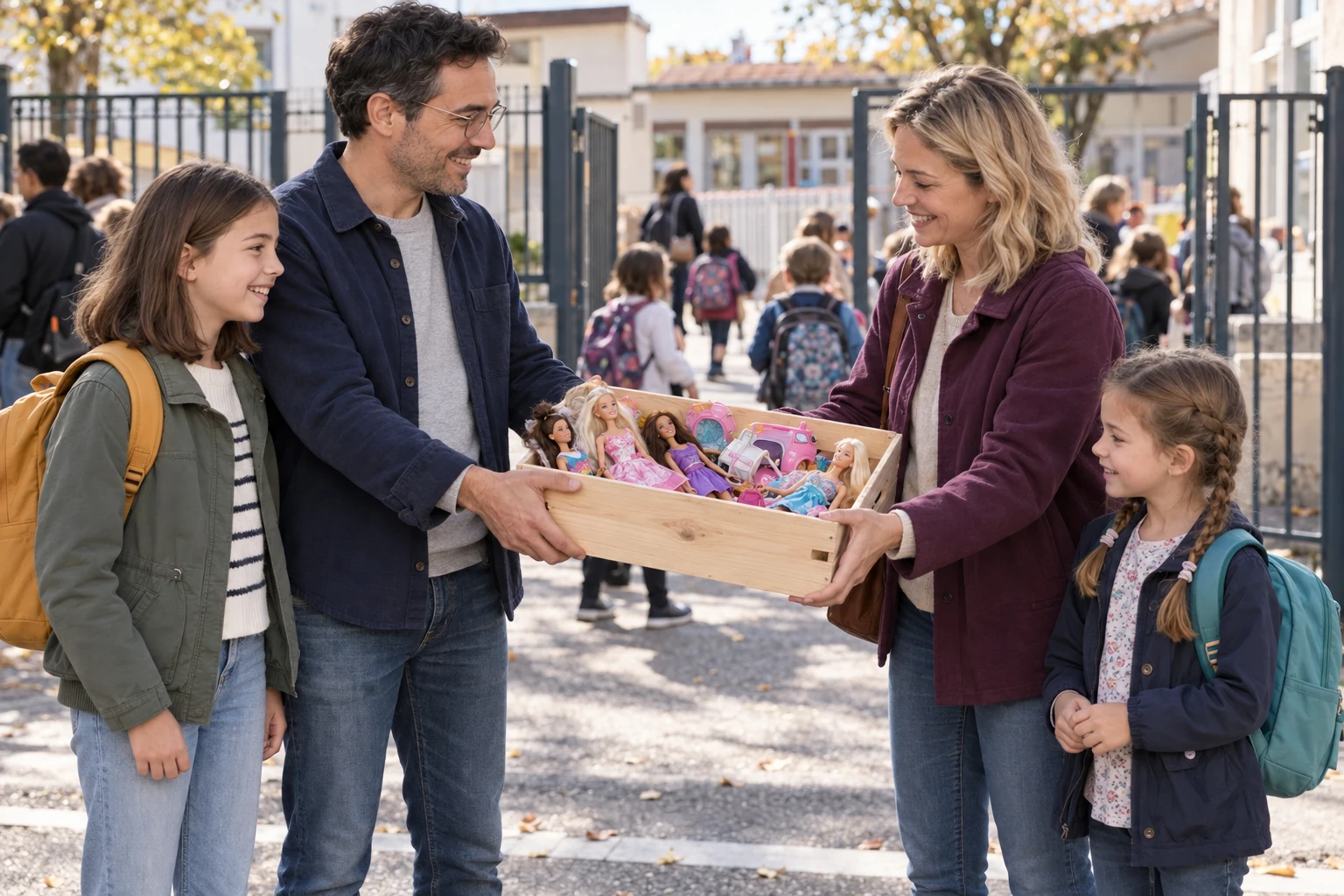 Un papa et une maman se transmettent une caisse de poupées devant l’école, avec leurs filles et leurs cartables