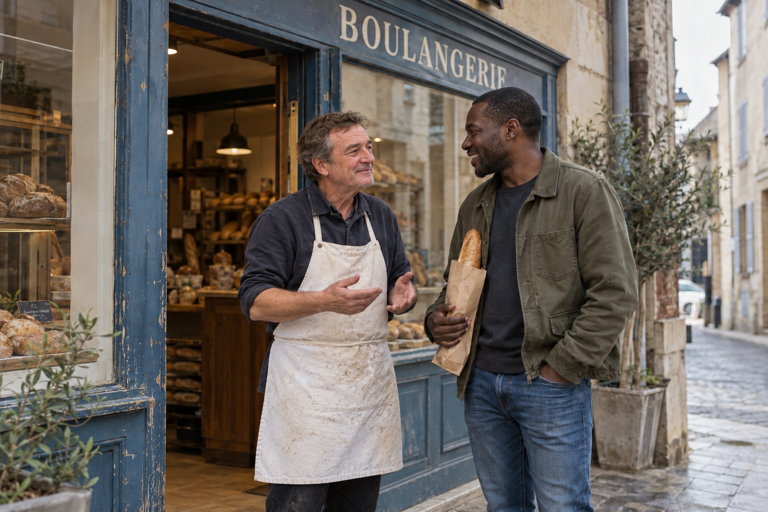 Le boulanger de la bannière échange avec un habitant devant sa boulangerie de quartier.