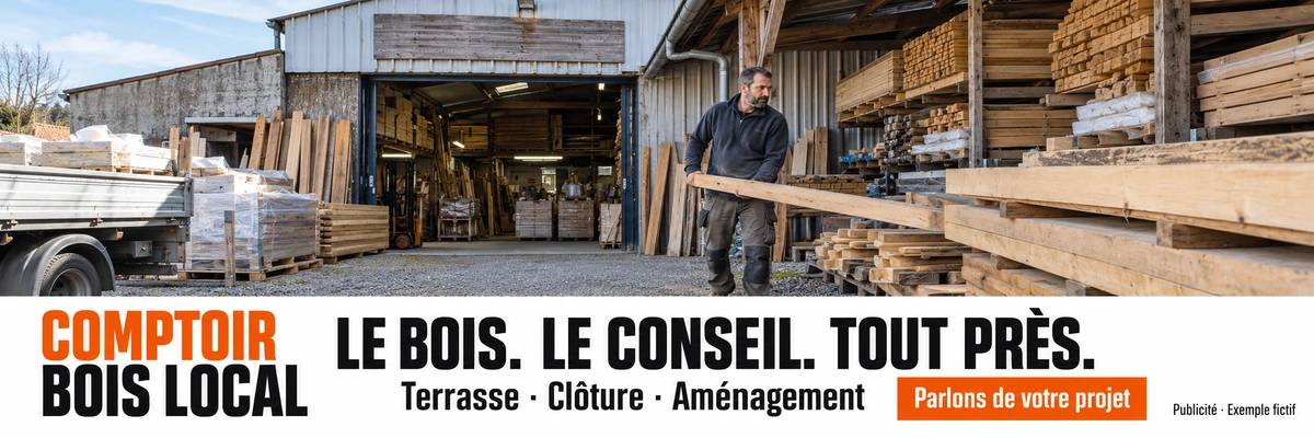 Publicité fictive Comptoir Bois Local. Le bois. Le conseil. Tout près. Terrasse, clôture, aménagement. Parlons de votre projet.