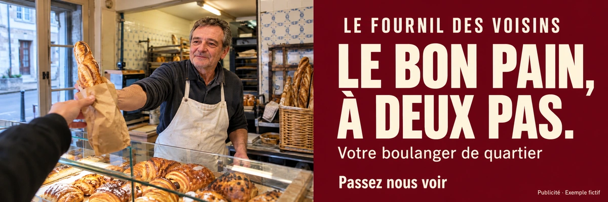 Publicité fictive Le Fournil des Voisins. Le bon pain, à deux pas. Votre boulanger de quartier. Passez nous voir.