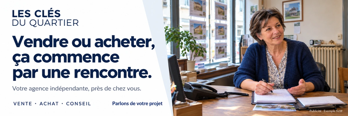 Publicité fictive Les Clés du Quartier. Vendre ou acheter, ça commence par une rencontre. Votre agence indépendante, près de chez vous. Vente, achat, conseil. Parlons de votre projet.